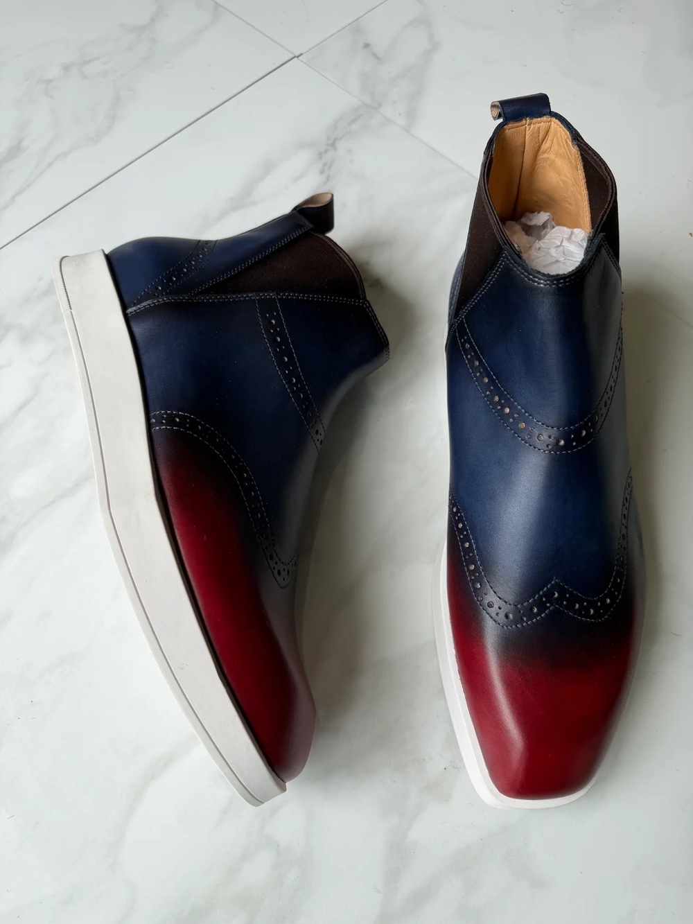 Men's Two-Tone Navy and Burgundy Leather Chukka Boots